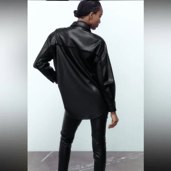 Women Zara Faux Leather Overshirt With Lace Inserts Size XS - Picture 3 of 16